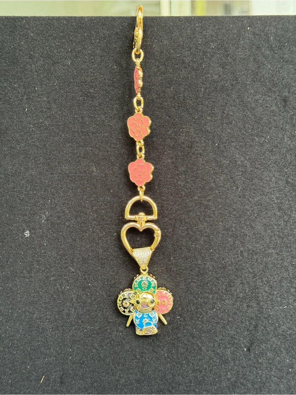 NWOT Gold Monogram Multicolor Mascot Bag Charm Extender Pink Camellia Key chain